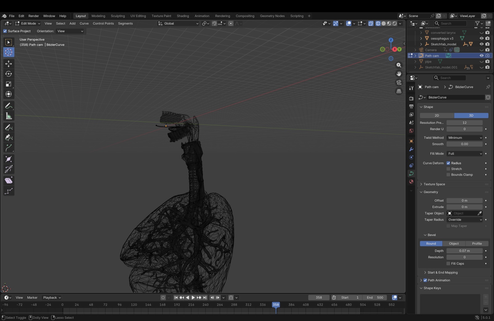Blender workspace showing the Bezier camera path through aligned airway anatomy models