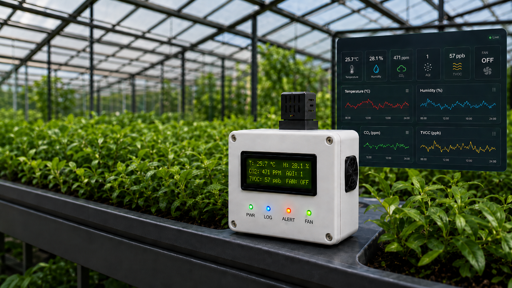 Concept visual of a greenhouse environmental monitoring system with sensor readings and dashboard