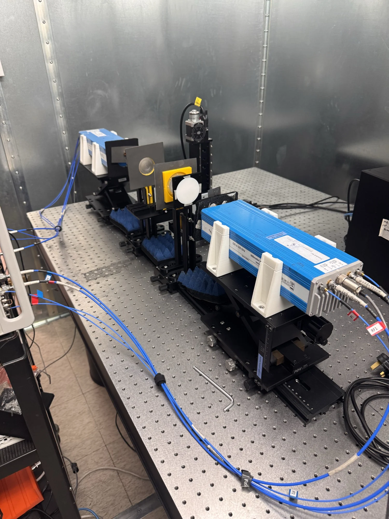 3D-printed mount supporting laboratory measurement equipment.