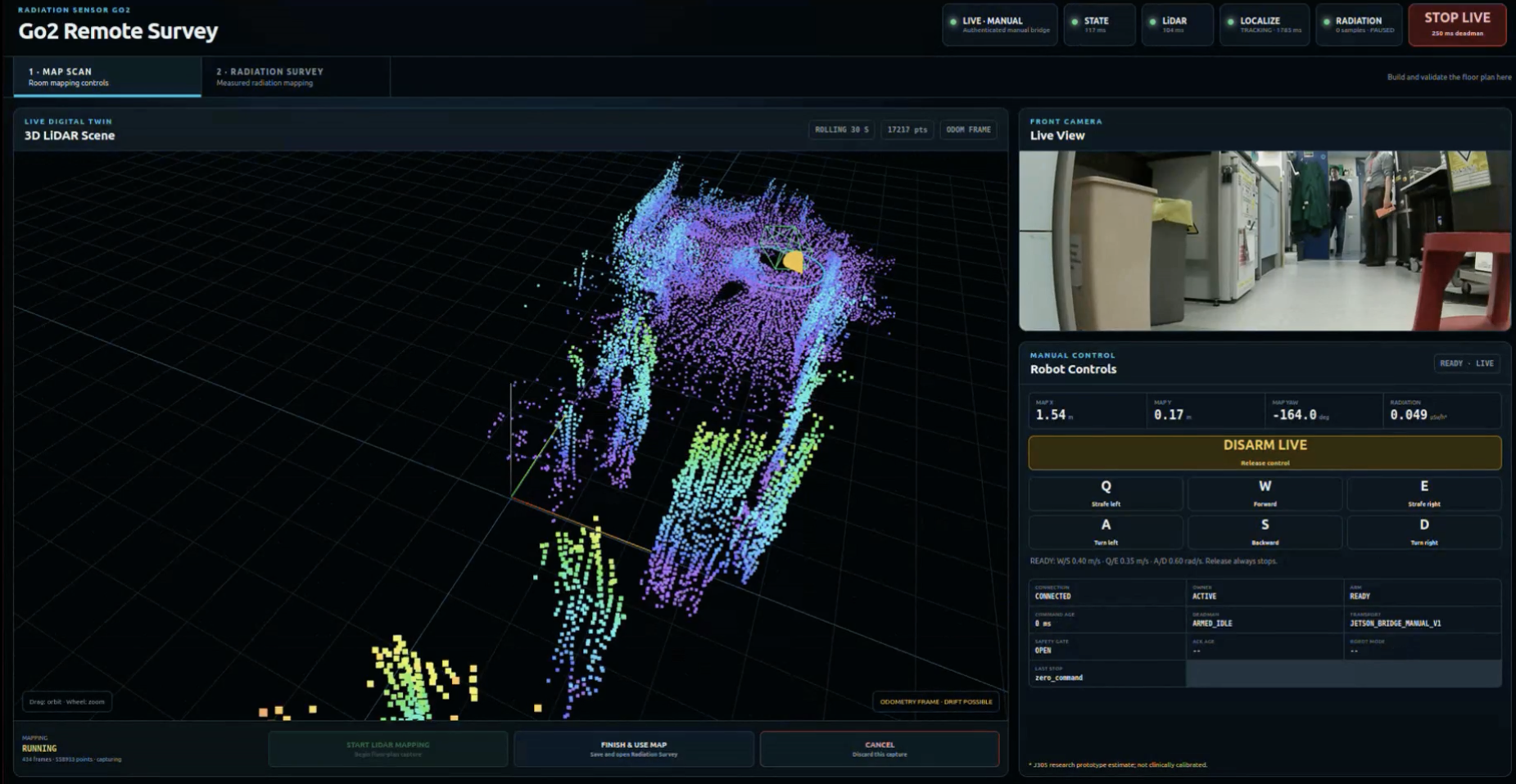 Go2 Remote Survey mapping view showing the live 3D LiDAR scene, front camera, and manual control status